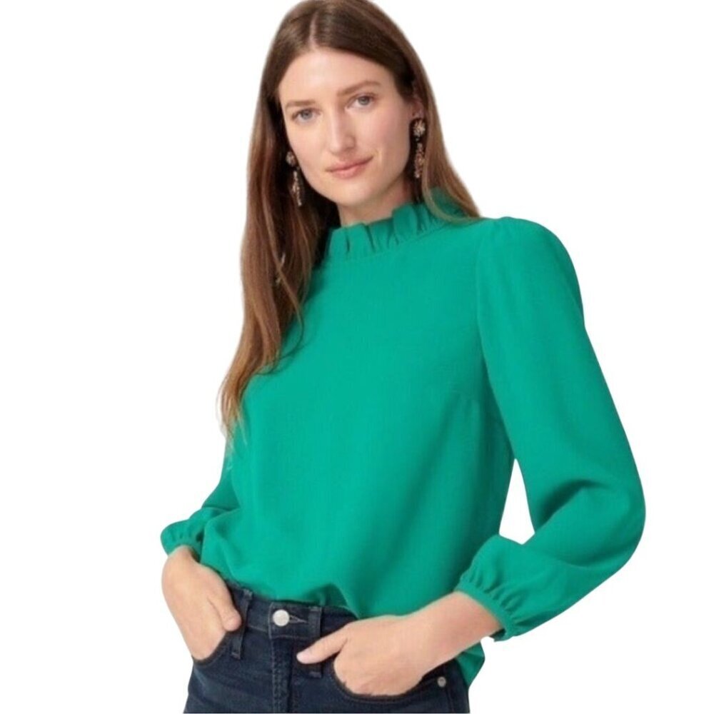 J.Crew High Ruffled Neck Balloon Sleeve Emerald Green Blouse Plussize Size XXL